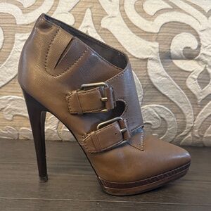 Pelle Moda Brown Leather High-Heel Ankle Boot with Buckle Straps